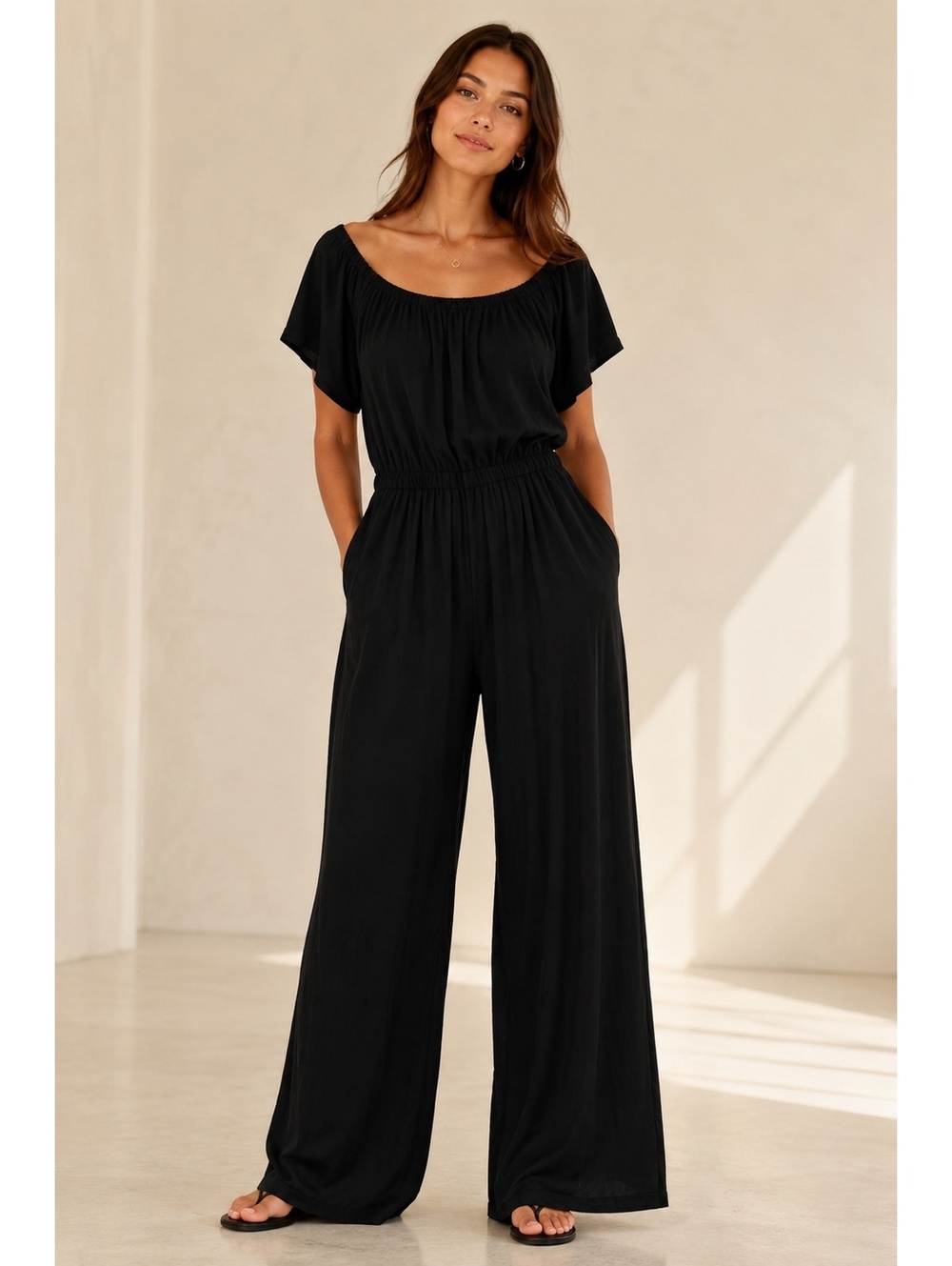 Charles Henry Black Wide Leg Jumpsuit Off Shoulder Elastic Neck  Made USA M